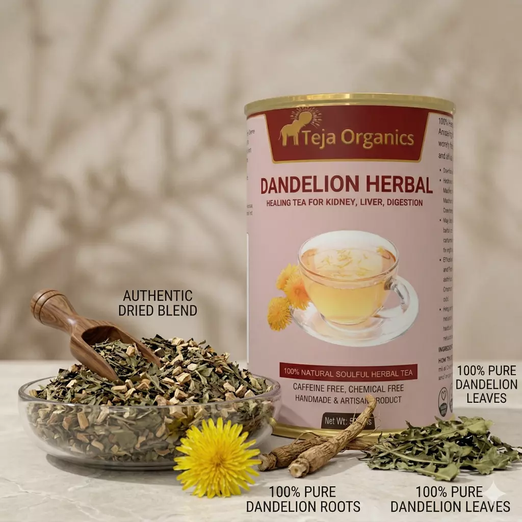 gemini-generated-image-fgskj3fgskj3fgsk Dandelion Herbal Tea 50 gm | 100% Pure Dandelion Leaves & Roots | Caffeine-Free Herbal Tea | Traditionally used to support liver & digestive health, gentle detox, and gut comfort.