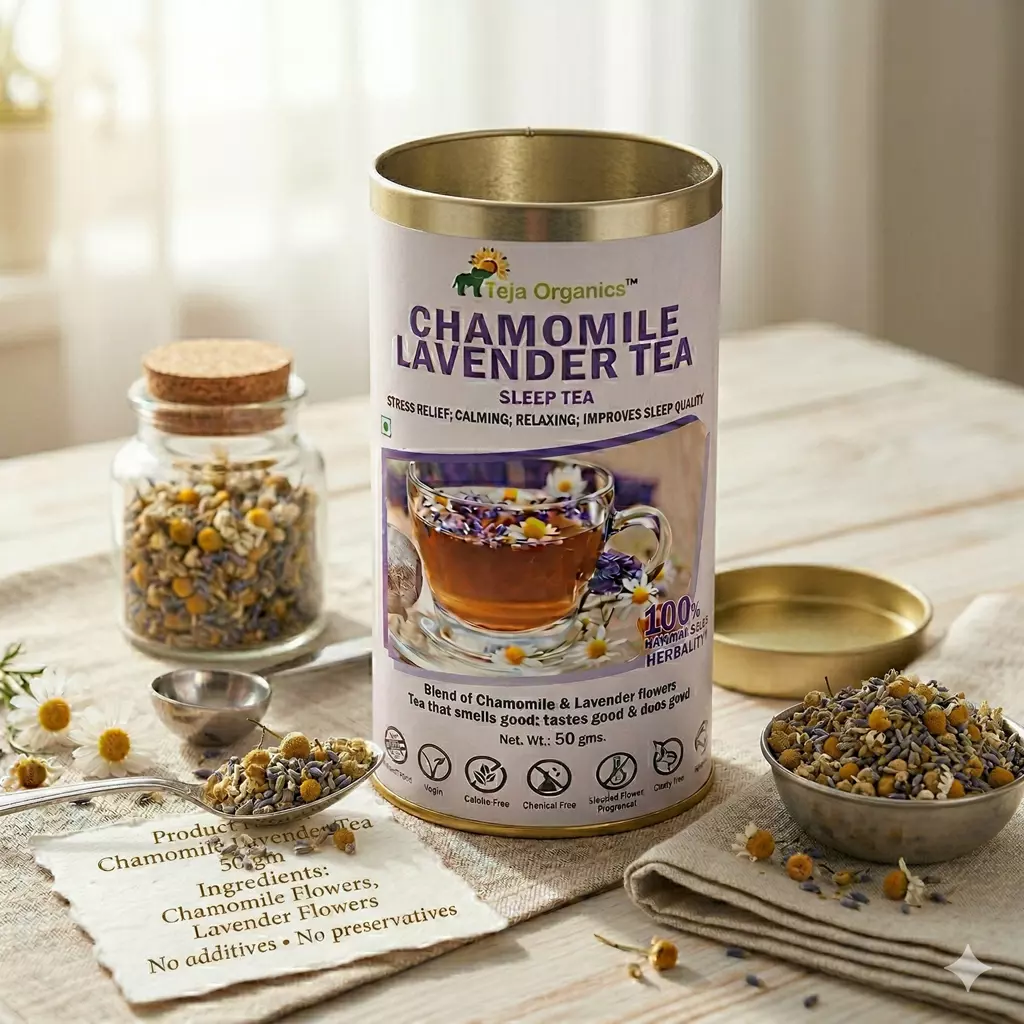 gemini-generated-image-fmxv8afmxv8afmxv Chamomile Lavender Tea 50 gm | Herbal Tea Blend |Traditionally consumed to calm the mind, reduce stress, and promote restful sleep| Blend of Chamomile & Lavender flowers tea that smells good, testes good & does good | Gluten-free, Caffeine Free, Chemical Free and Suitable for daily wellness routines