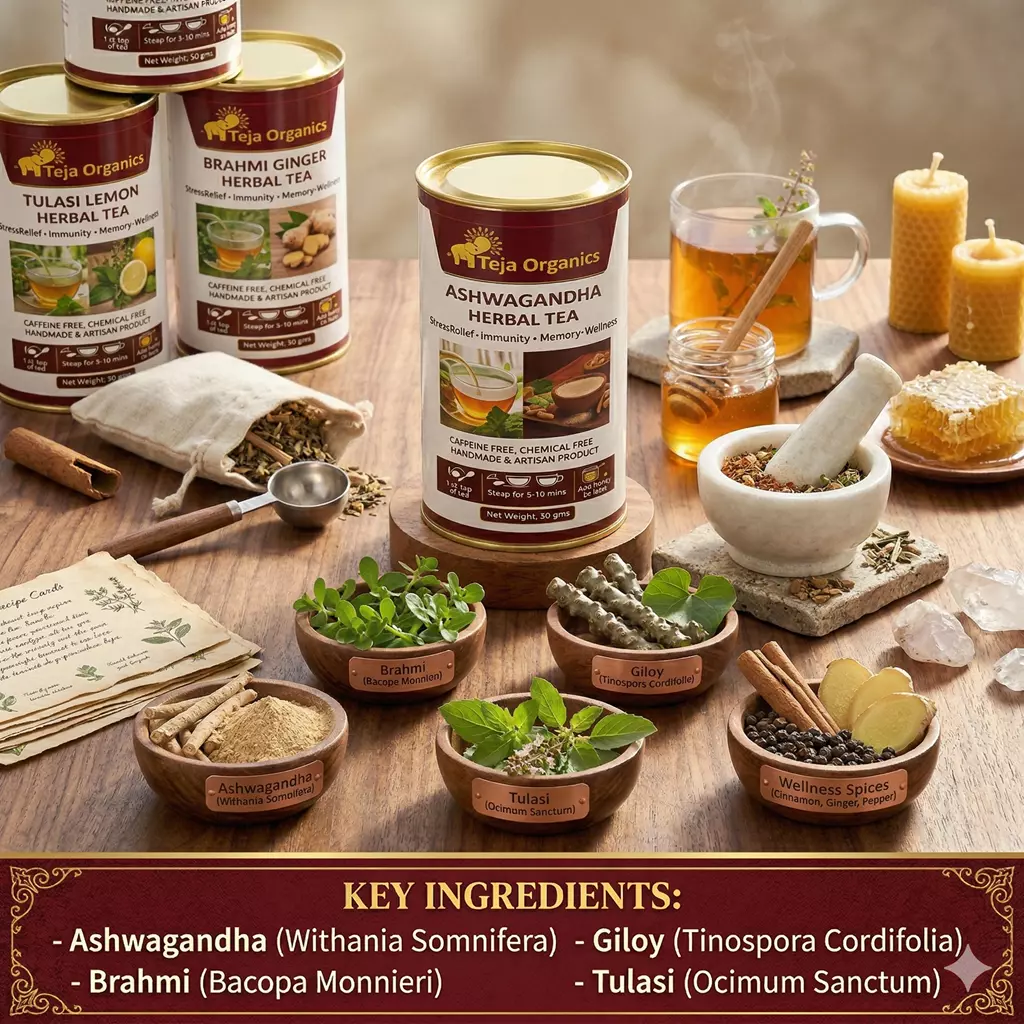 Ashwagandha Herbal Tea 50 gm | 100% Pure Ashwagandha | Caffeine Free Herbal Tea | Supports Stress Relief, Immunity, Memory and Welleness