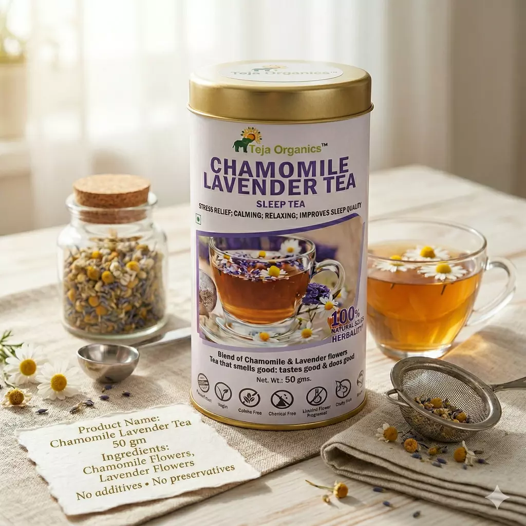 gemini-generated-image-md9i1jmd9i1jmd9i Chamomile Lavender Tea 50 gm | Herbal Tea Blend |Traditionally consumed to calm the mind, reduce stress, and promote restful sleep| Blend of Chamomile & Lavender flowers tea that smells good, testes good & does good | Gluten-free, Caffeine Free, Chemical Free and Suitable for daily wellness routines