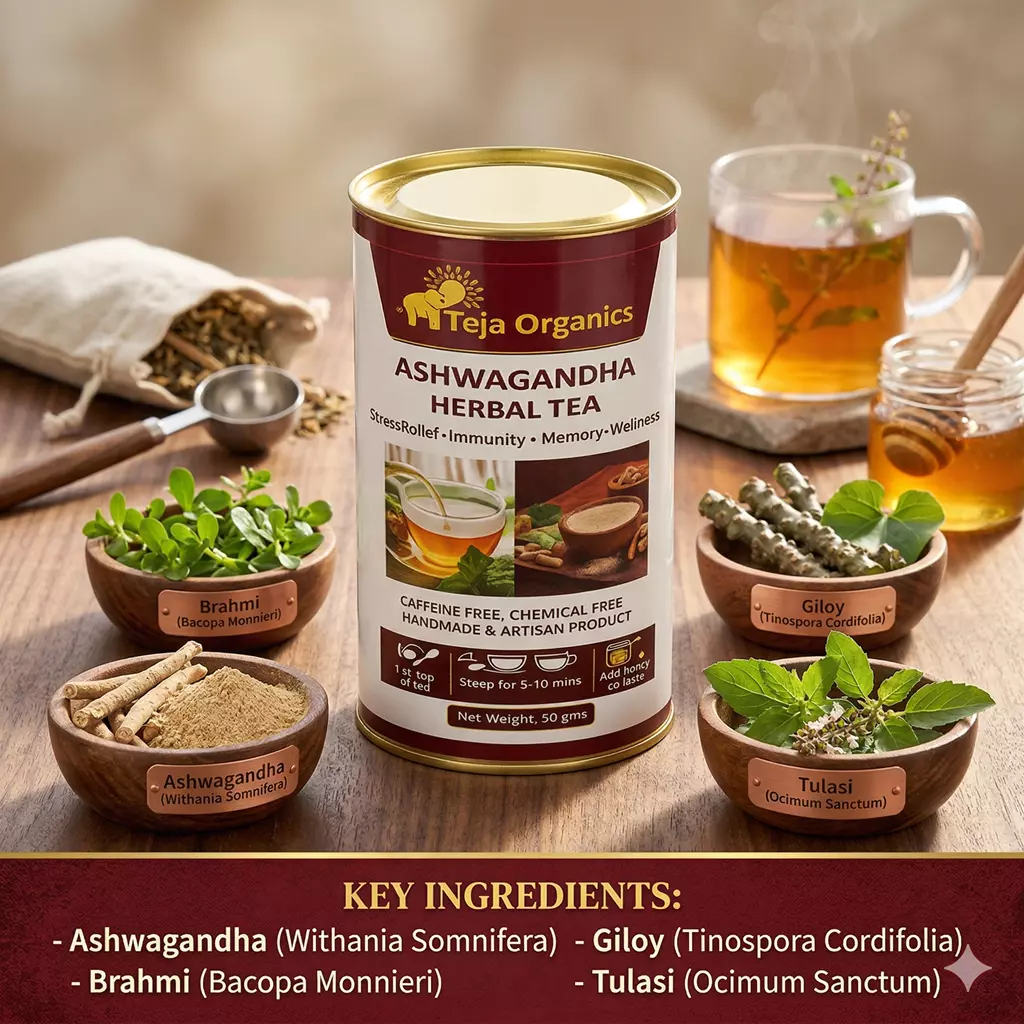 Ashwagandha Herbal Tea 50 gm | 100% Pure Ashwagandha | Caffeine Free Herbal Tea | Supports Stress Relief, Immunity, Memory and Welleness