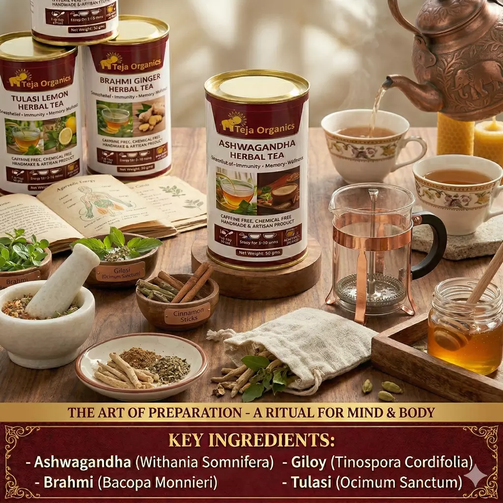 Ashwagandha Herbal Tea 50 gm | 100% Pure Ashwagandha | Caffeine Free Herbal Tea | Supports Stress Relief, Immunity, Memory and Welleness