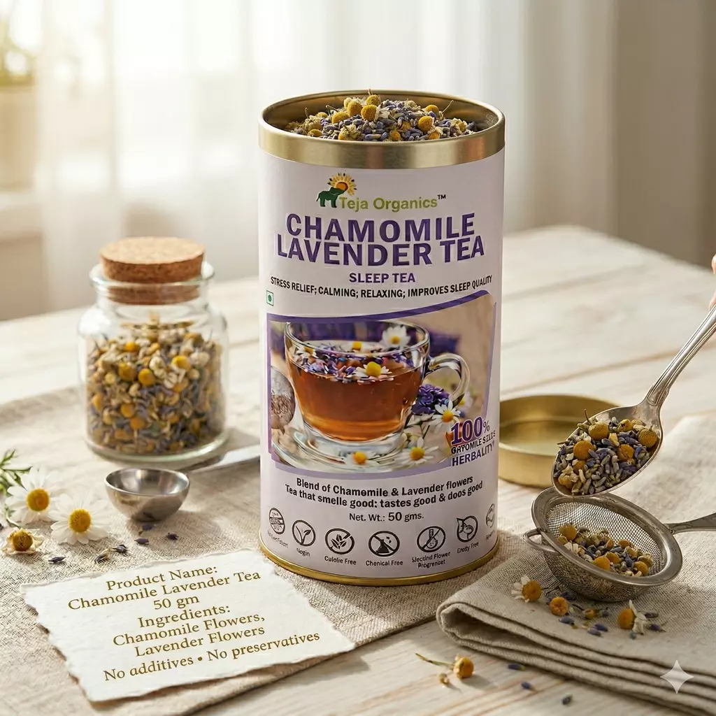 gemini-generated-image-yur1l8yur1l8yur1 Chamomile Lavender Tea 50 gm | Herbal Tea Blend |Traditionally consumed to calm the mind, reduce stress, and promote restful sleep| Blend of Chamomile & Lavender flowers tea that smells good, testes good & does good | Gluten-free, Caffeine Free, Chemical Free and Suitable for daily wellness routines