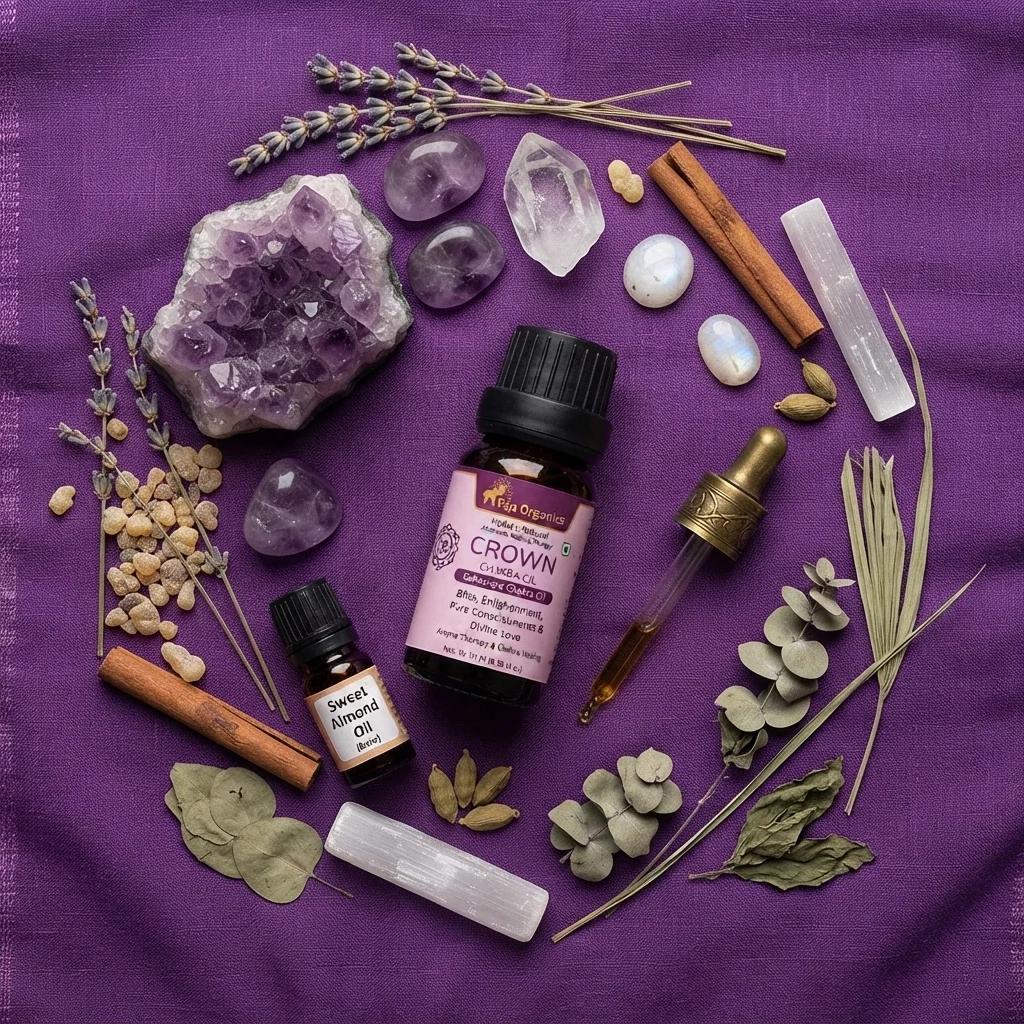 crown-chakra-oil-gallery4-1784366289934.webp Crown Chakra Oil (Sahasrara Chakra) 15 ml | Aromatherapy Essential Oil Blend for Bliss, Enlightenment, Pure Consciousness & Divine Love | External Use