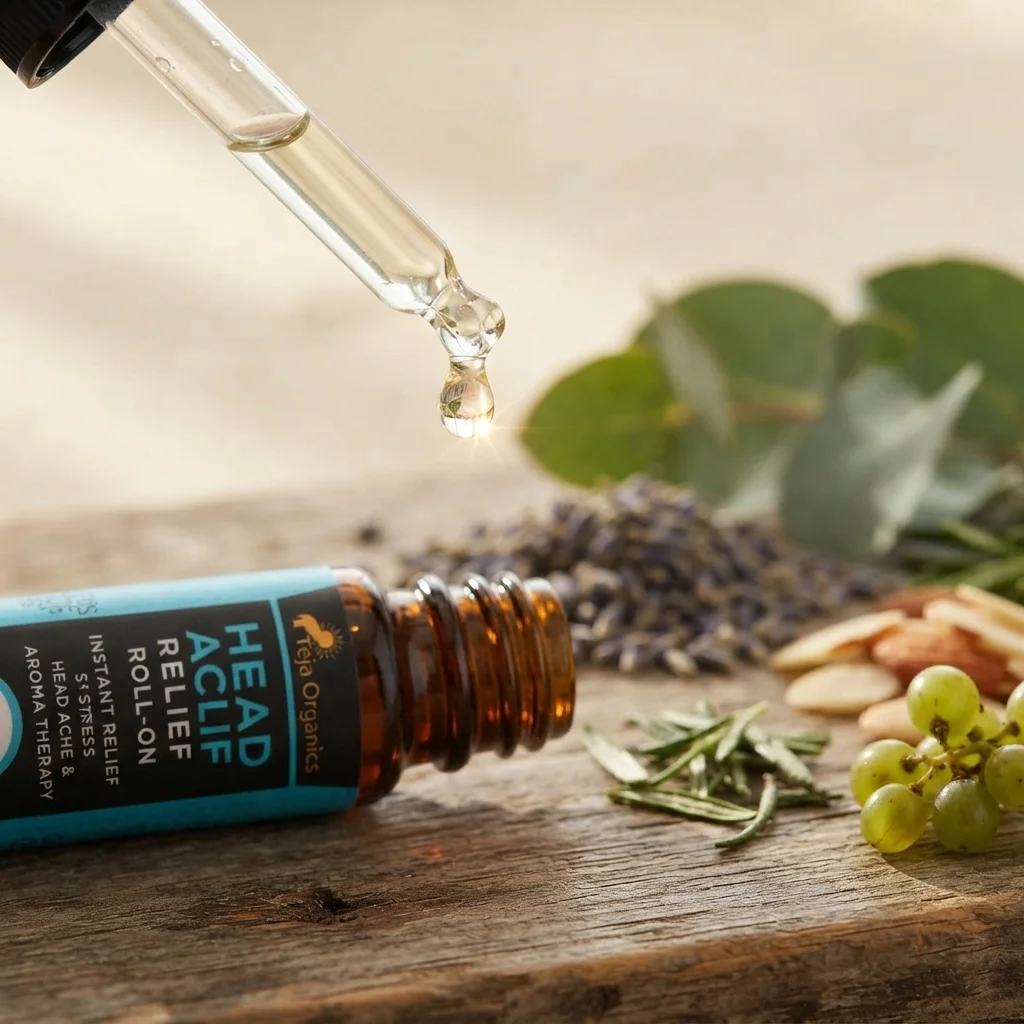 Teja Organics Head Ache Relief Roll-On | Instant Stress & Headache Relief | Natural Essential Oils | Portable Aromatherapy | 10 ml | Compact and Travel Friendly