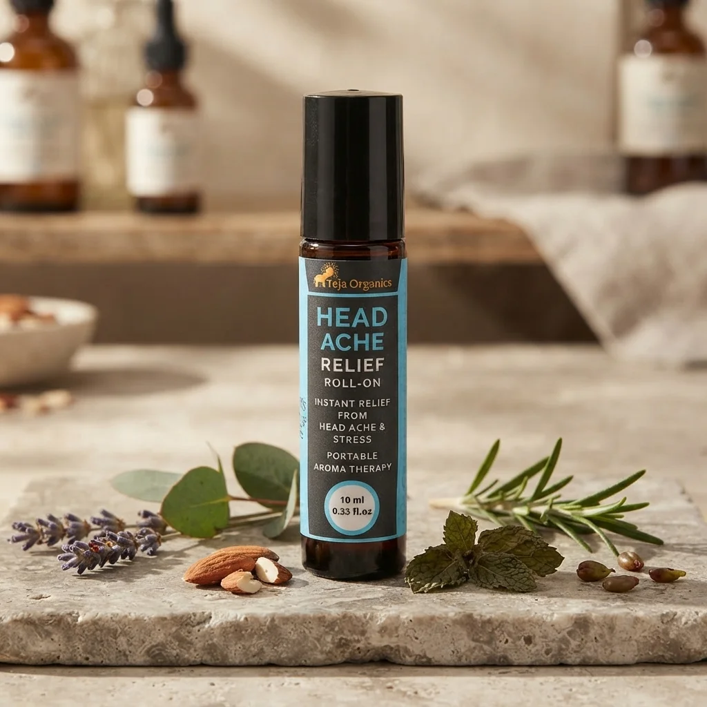 Teja Organics Head Ache Relief Roll-On | Instant Stress & Headache Relief | Natural Essential Oils | Portable Aromatherapy | 10 ml | Compact and Travel Friendly