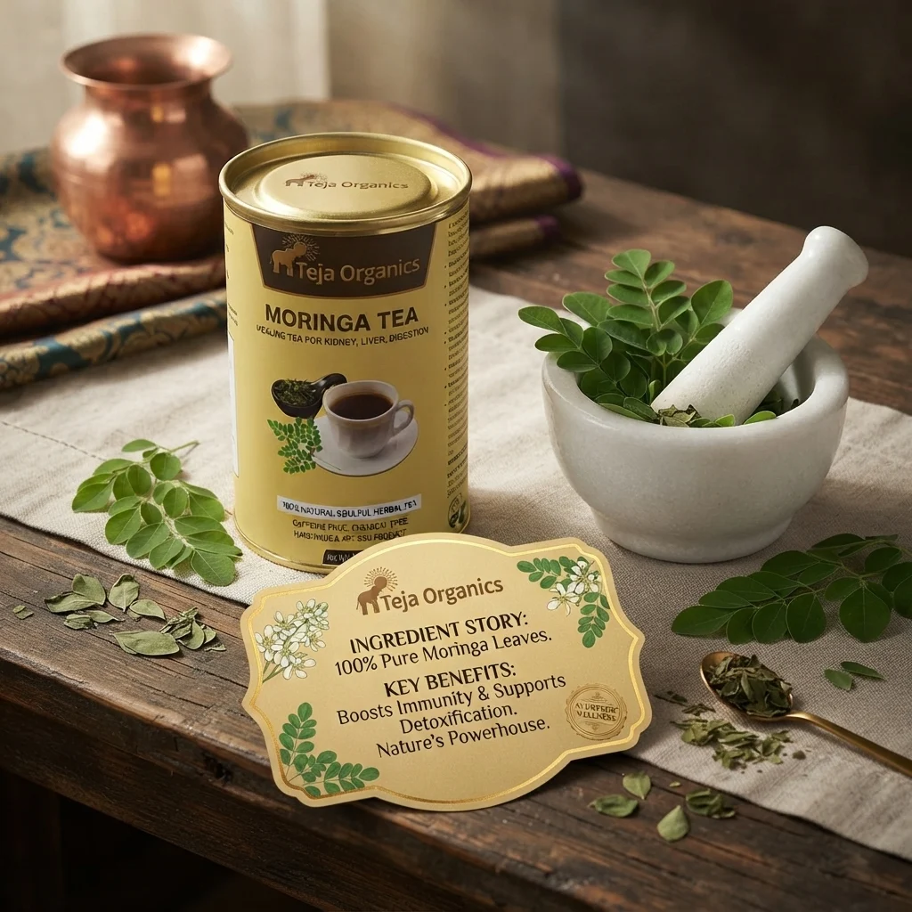 moringa-tea-gallery3-1784371473613.webp Moringa Tea 50 gm | 100% Moringa Leaves | Nutrient-rich superfood | Support immunity | Metabolism | Detoxification & overall wellness | Caffeine Free Herbal Tea