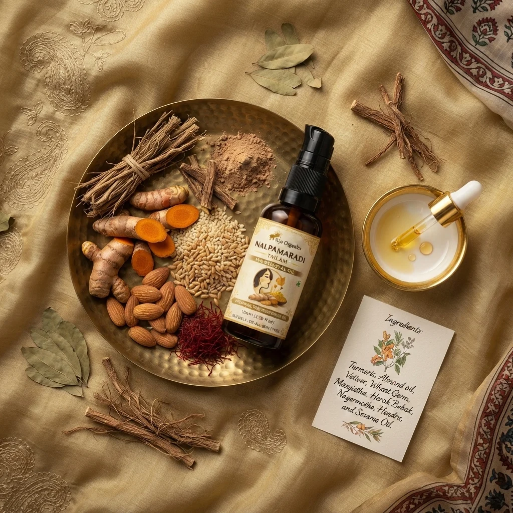 Nalpamaradi Tailam 100ml | Ayurvedic Skin Brightening Body Oil | Tan Removal, Pigmentation Care, Skin Glow | Turmeric Infused Oil | No Mineral Oil, No Parabens
