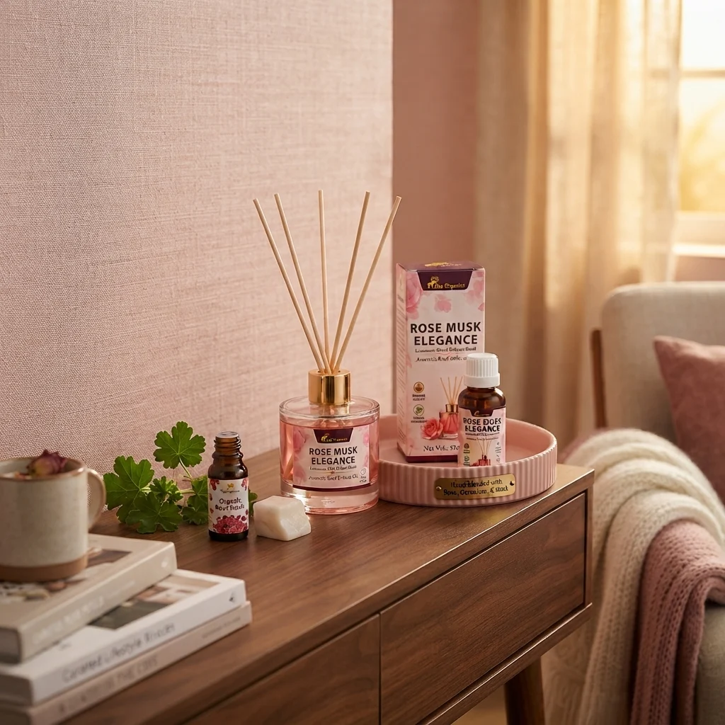 rose-musk-elegance-reed-diffuser-gallery2-1784367763196.webp Rose Musk Elegance Reed Diffuser Oil 50ml | Romantic | Uplifting mood & reduces stress