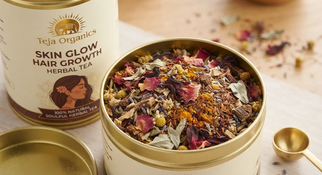 Skin Glow Tea 50 gm | Herbal Tea Blend | Caffeine Free  | Supports Clear Glowing Skin Detox & Digestion | Improves melanin | Supports Hair Growth