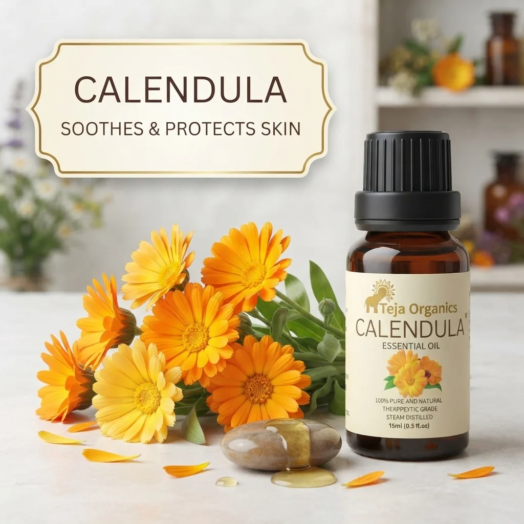 calendula-eo-gallery2-candidate-1786016585 Calendula Essential Oil 15ml | 100% Pure Natural Oil | Soothing, hydrating, and skin-repairing | Ideal for sensitive skin | Relief from Acne, Eczema, Psoriasis, Rosacea, Rashes | Skin hydration | Fairness | Useful in Diffusers, Bath Oil, Massage | Aromatherapy