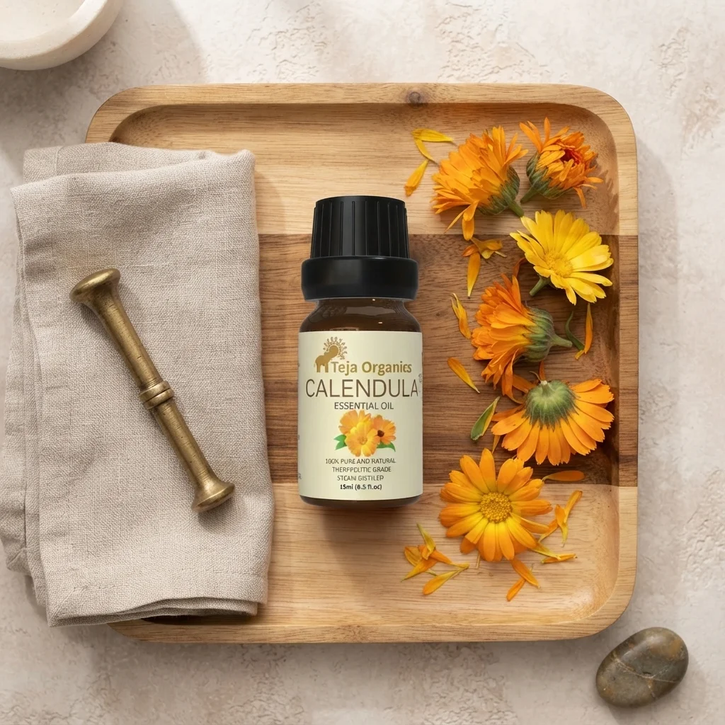 calendula-eo-gallery3-candidate-1786015696 Calendula Essential Oil 15ml | 100% Pure Natural Oil | Soothing, hydrating, and skin-repairing | Ideal for sensitive skin | Relief from Acne, Eczema, Psoriasis, Rosacea, Rashes | Skin hydration | Fairness | Useful in Diffusers, Bath Oil, Massage | Aromatherapy