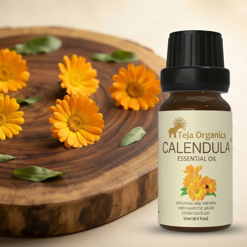 calendula-eo-gallery4-candidate-1786015700 Calendula Essential Oil 15ml | 100% Pure Natural Oil | Soothing, hydrating, and skin-repairing | Ideal for sensitive skin | Relief from Acne, Eczema, Psoriasis, Rosacea, Rashes | Skin hydration | Fairness | Useful in Diffusers, Bath Oil, Massage | Aromatherapy