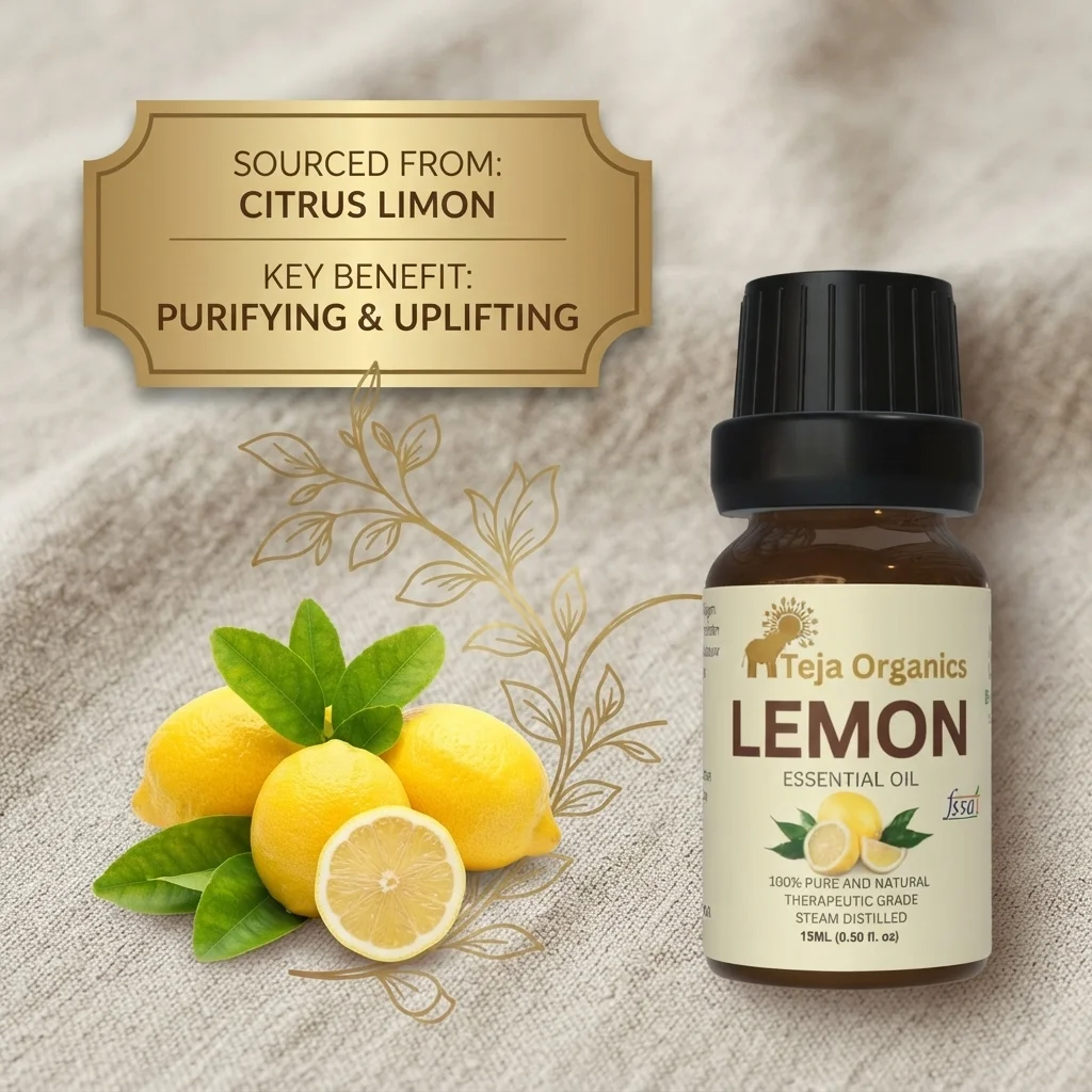 Lemon Essential Oil 15ml | Fresh and energizing | Ideal for boosting mood, refreshing spaces | Skincare | Hair care | Massage, Diffuser,  Natural Deodorizer, Gives Respiratory Support / Natural Disinfectant | Removes stains, Insect Repellent | Home wellness products