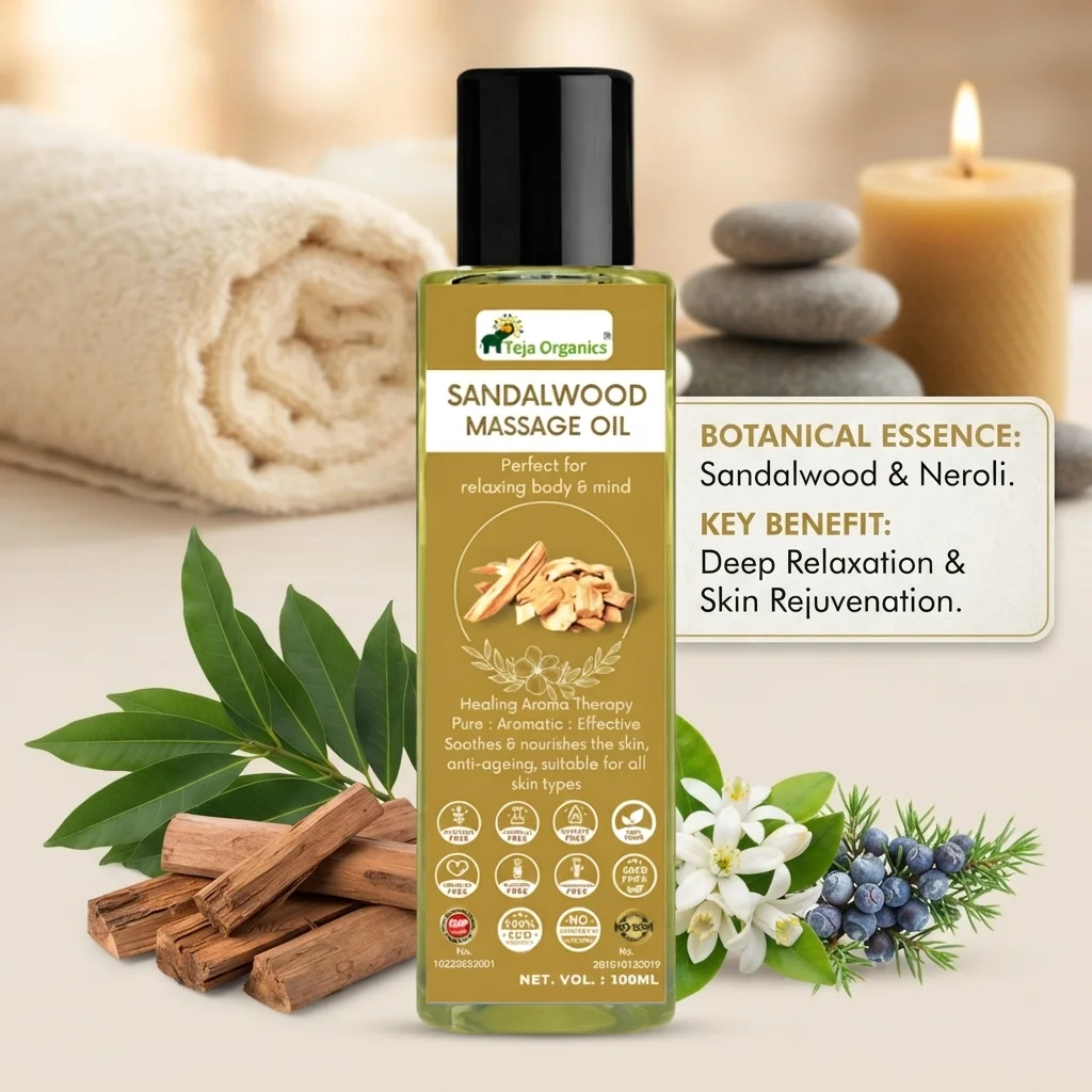 Sandalwood Massage Oil 100ml | Pleasant Natural Aroma | Soothes & nourishes the skin | Promotes Relaxation – Ideal for stress relief | Non-Sticky & Fast Absorbing – Suitable for daily use