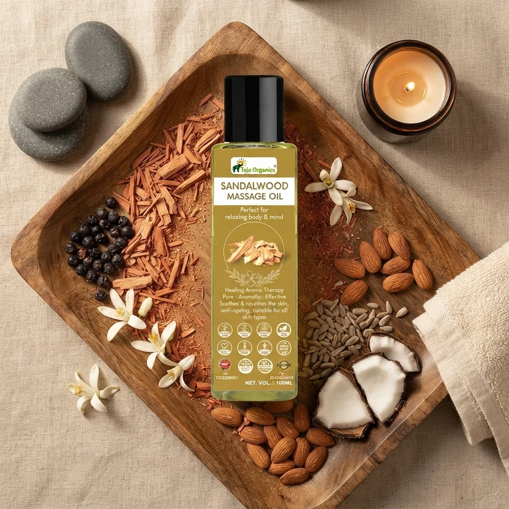 Sandalwood Massage Oil 100ml | Pleasant Natural Aroma | Soothes & nourishes the skin | Promotes Relaxation – Ideal for stress relief | Non-Sticky & Fast Absorbing – Suitable for daily use