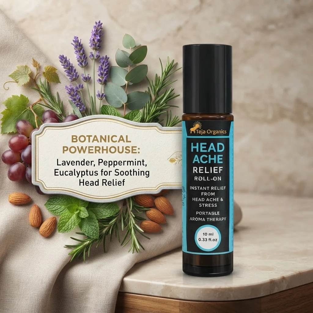 Teja Organics Head Ache Relief Roll-On | Instant Stress & Headache Relief | Natural Essential Oils | Portable Aromatherapy | 10 ml | Compact and Travel Friendly